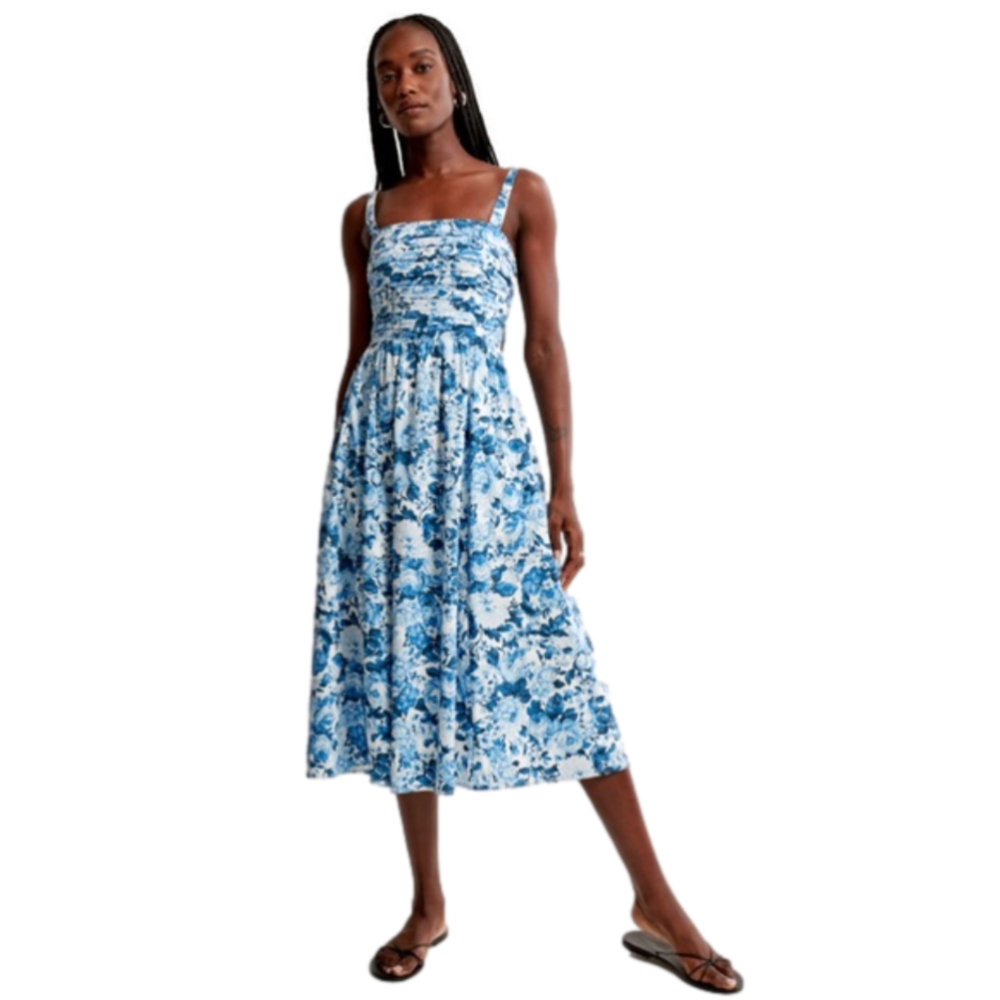 NWT Abercrombie & Fitch Emerson Poplin Wide Strap Midi Dress XS Navy Pattern